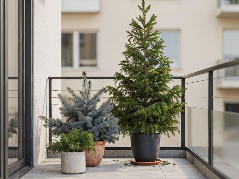 balkon z dużymi iglakami